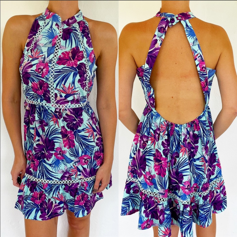 Sunday Mi Amor purple blue backless tropical print mini dress size XS